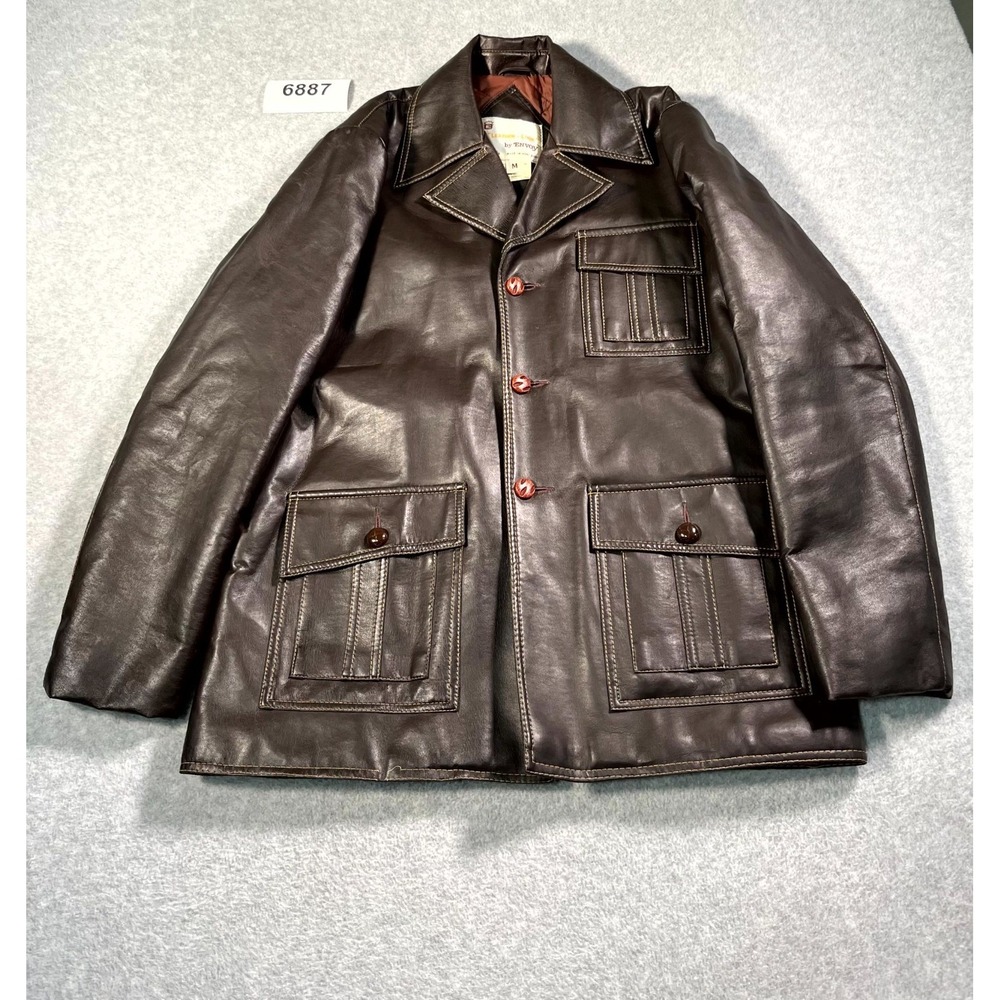 Vintage Envoy Safari Jacket Mens Medium Brown Vinyl Faux Leather Notch Lapel 70s